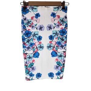 H&M White Blue Red Floral Jersey Straight Stretch Pencil Skirt SZ S
